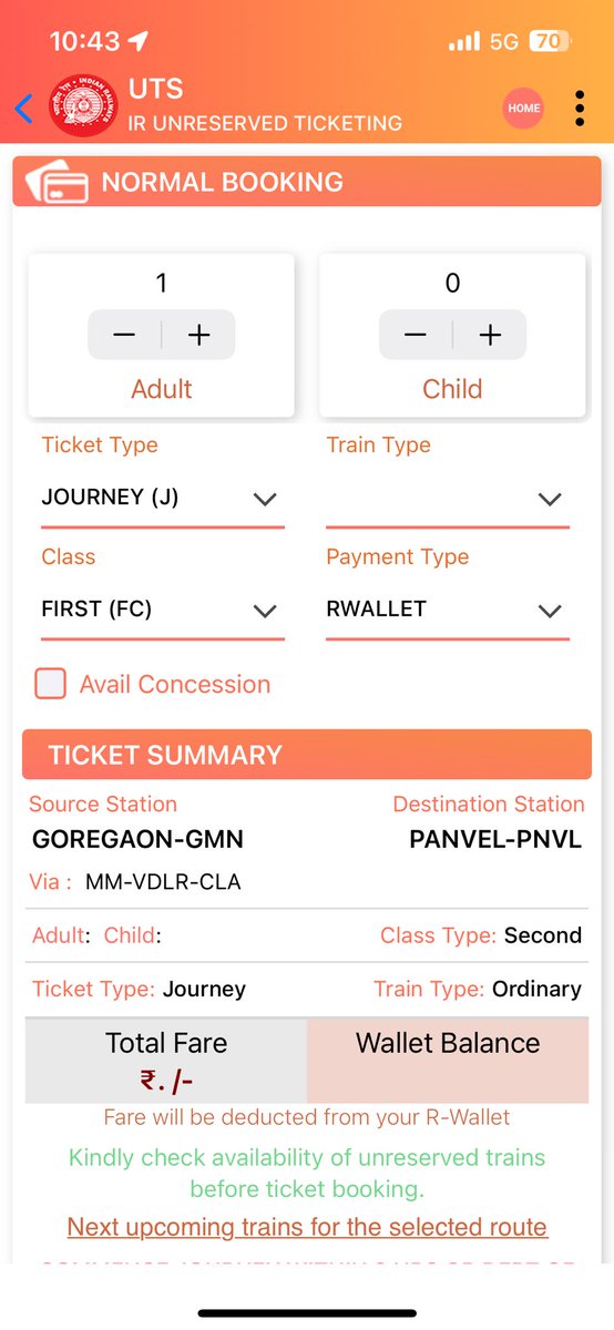 ArjunChellappa's tweet photo. @Central_Railway @Central_Railway  before the downtime the app isn’t working does not even give an option for train type , class is by default FC https://t.co/OrFNO44VBR