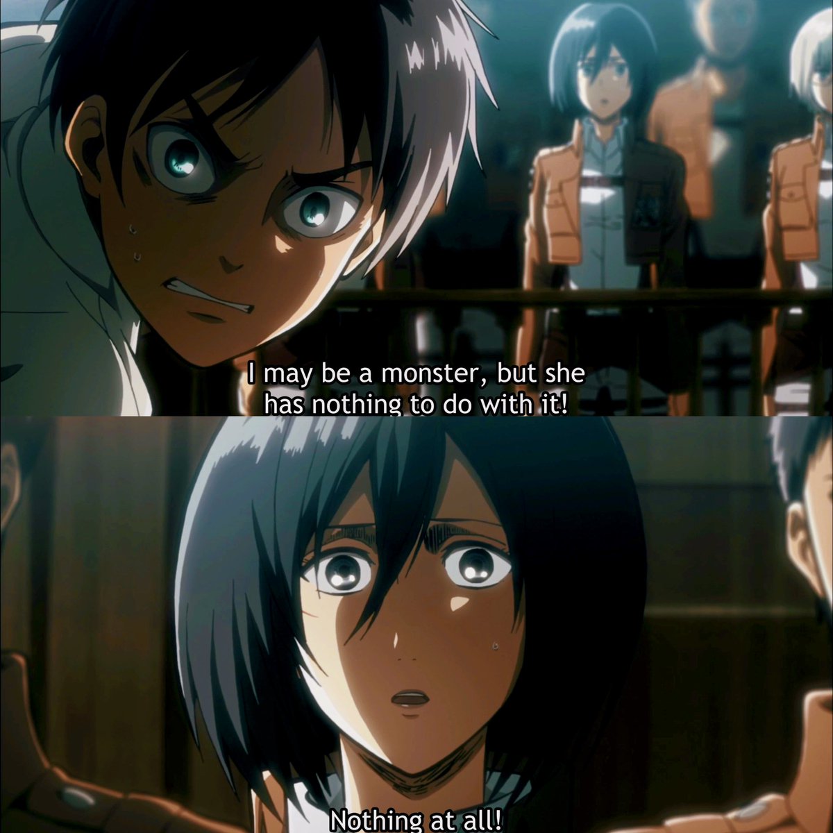 He was so protective of Mikasa… the way he got so angry, the MINUTE anyone even thought about bringing her into the situation. The love he has for her is so beautiful and special. <3