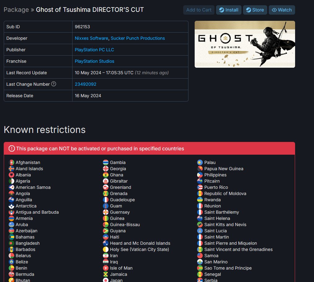 PirateSoftware's tweet image. Sony has now also blocked all of these countries from purchasing Ghost of Tsushima: DIRECTOR'S CUT.

steamdb.info/sub/962153/inf…