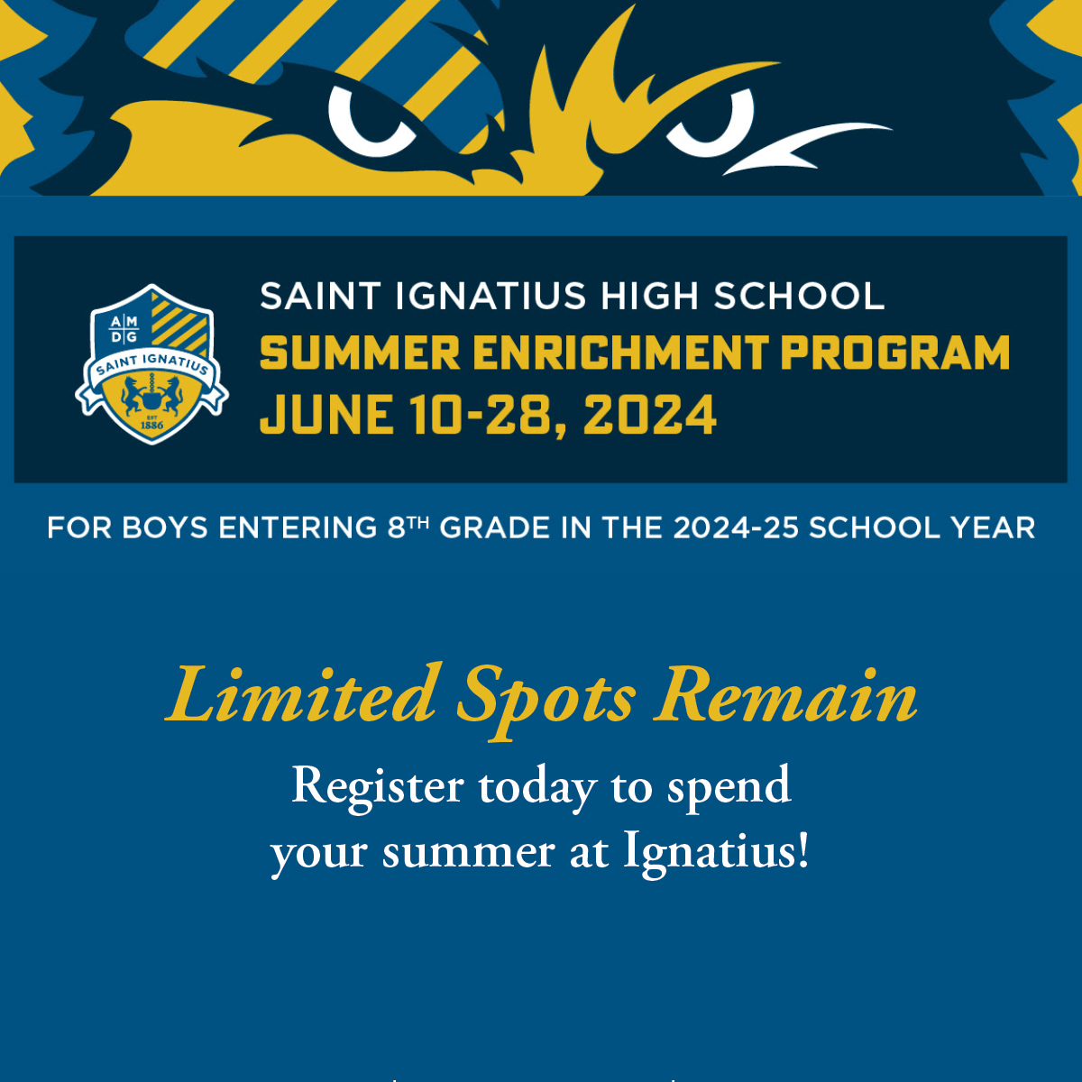 Experience Saint Ignatius this summer at the Summer Enrichment Program (SEP). We are just one month away! Limited spots remain, register at ignatius.edu/SEP