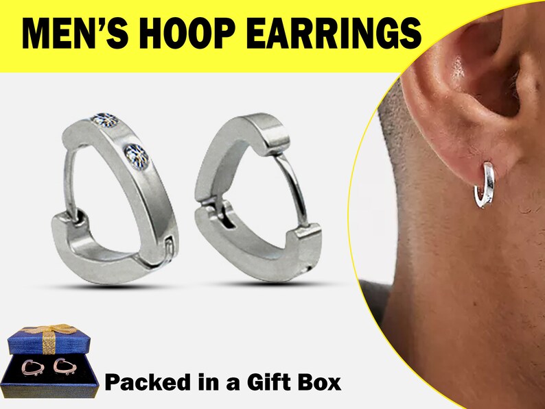 Men's V Shape Hoop Earrings Huggie Hoop with CZ Crystals- Stainless Steel Hoops Earrings for Men - 1 Pair Packed in a Gift Box.
#huggiehoopearrings #steelhoopearrings #menhoopearrings #clickerearrings #unisexearrings #cliponhoopearrings 
🛒etsy.com/uk/listing/160…