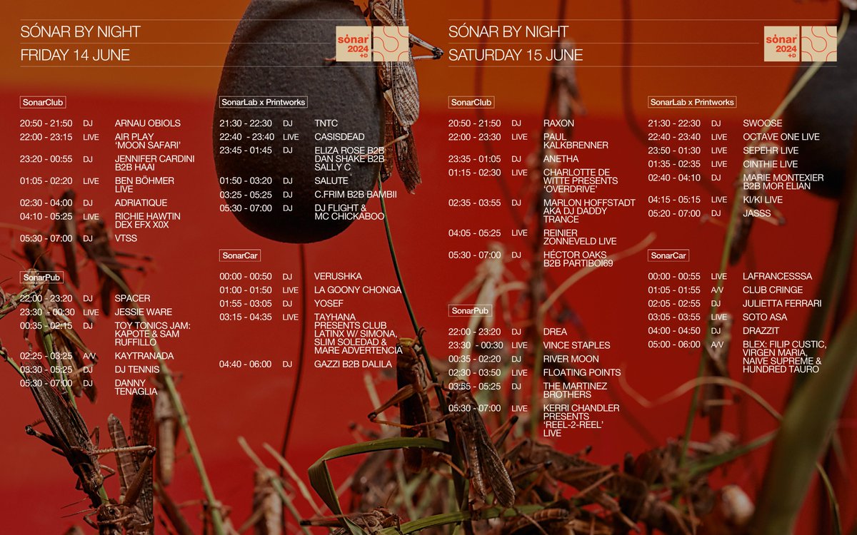Timetables for Sónar 2024 have been released sonar.es/en/programme/s…

You can also download the official app and start planning your festival. 

Tune into the frequency of now at Sónar by Day, Sónar by Night, and Sónar+D this June

#sonar2024 #thefrequencyofnow