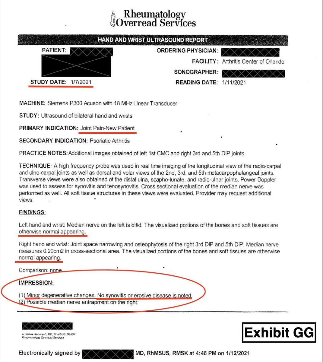 YOU REQUESTED a translation of the attached document into SIMPLER LANGUAGE. I have COMPLETED that task. - READ BELOW:

Below are the clinical findings of my ex-wife’s doctors:

Minor degenerative changes.
No synovitis or erosive disease is noted.
Possible median nerve entrapment