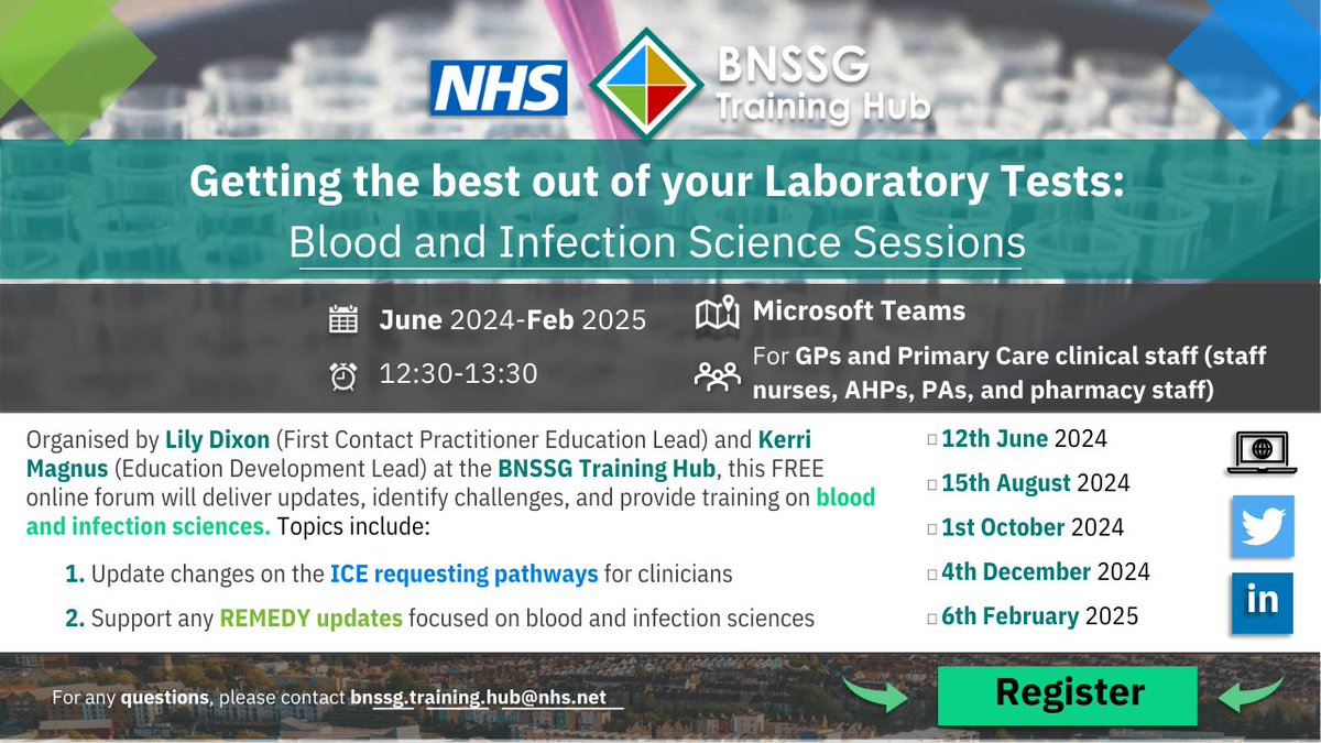 BNSSG_THub's tweet photo. 📆 Join us this June for this virtual event
➡️ Blood and Infection Science Sessions
👇 Register here
https://t.co/ktHtytglvr
#sciencesessions #medicalscience #nhs #bnssg #gp #primarycareclinicians https://t.co/YG7mFCe7kc