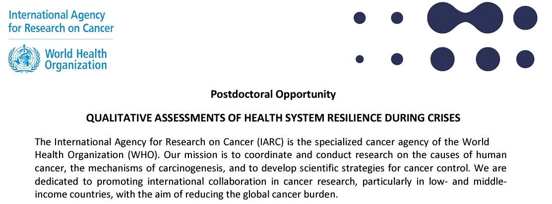 We're #hiring a Postdoc to join us at @IARCWHO - please share! 🙏 Are you experienced in qualitative research? Are you interested in examining health system responses to the COVID-19 pandemic in low- and middle-income countries? Apply now! More info 🔗 iarc.who.int/cards_page/pos…