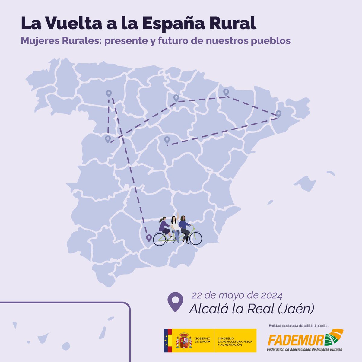 ¡Próxima parada de #LaVueltaalaEspañaRural confirmada!🤸‍♀️ La siguiente etapa de la gira que acerca a los pueblos oportunidades para las #mujeresrurales será en: 📍En #AlcaláLaReal (#Jaén), el próximo 22 de mayo 🗓️ ¿Te vienes?