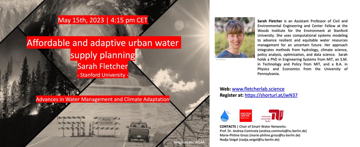 I am looking forward to host Sarah Fletcher for the next lecture of our "Advances in #Water Management &amp; #Climate Adaptation" series next Wednesday. 

📑Registration info and related papers at shorturl.at/jwN37
📷More info: tinyurl.com/mr2ewnw6 

Everyone's welcome!