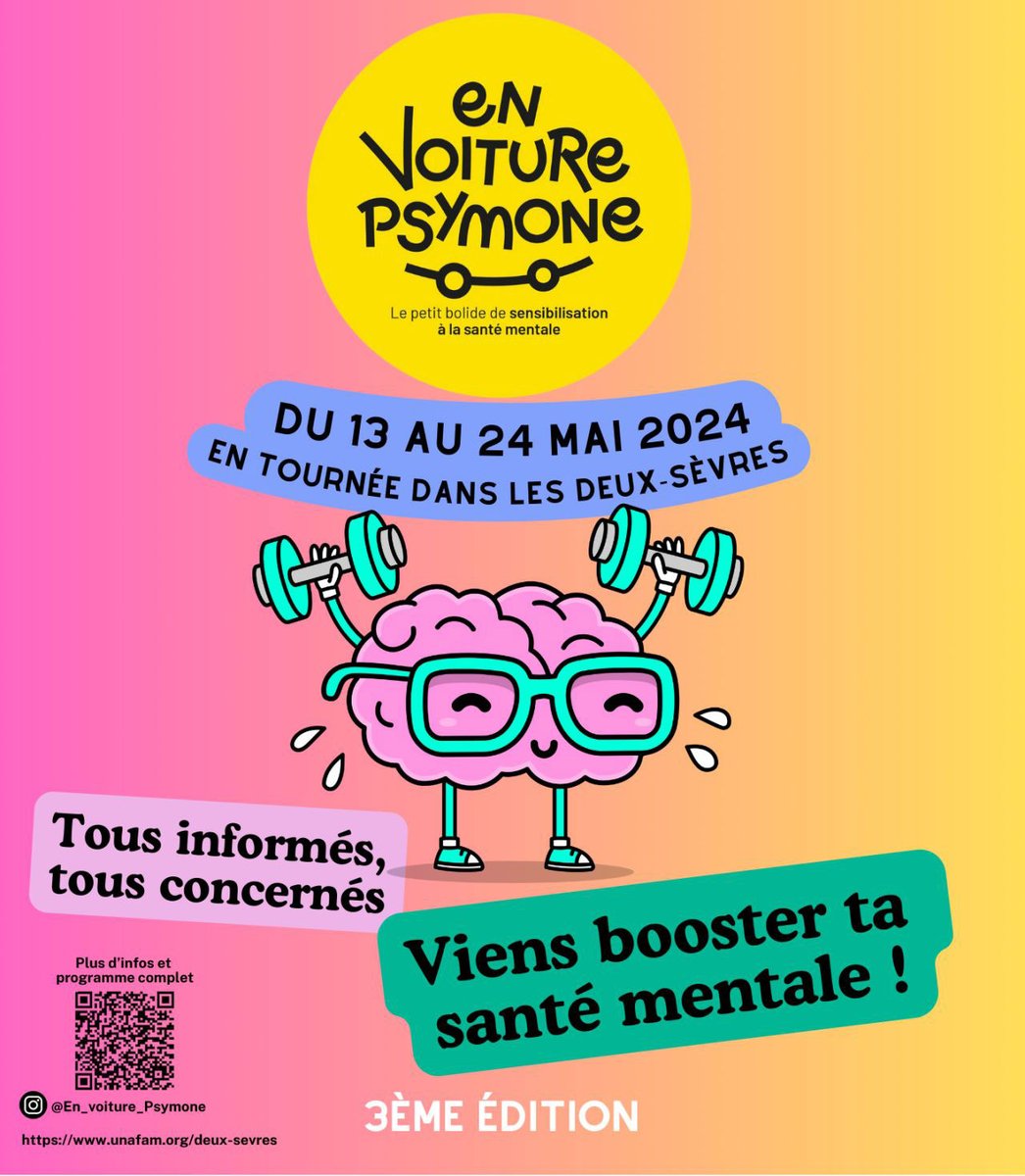 📢 Du 13 au 24 mai, Psymone, le petit bolide de sensibilisation à la #SantéMentale, reprend la route dans les #DeuxSèvres
L'objectif ➡️ stopper les préjugés sur la santé mentale et les troubles psychiques. Un dispositif soutenu par #ApiviaMacifMutuelle
👉 urlr.me/YBXR6