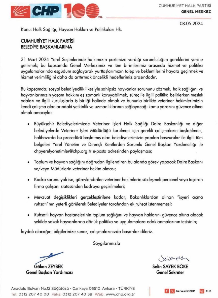 CHP Genel Merkezinden CHP’li Belediyelere “Halk Sağlığı, Hayvan Hakları ve Politikaları Hakkında Genelge” gönderildi. Genelgede 'başıboş' kelimesi değil, Kanuna uygun şekilde 'sokak hayvanı' kelimesi kullanılmış. İtlaf, uyutma vb ifadeler yok. Toplum sağlığının yanında hayvan…