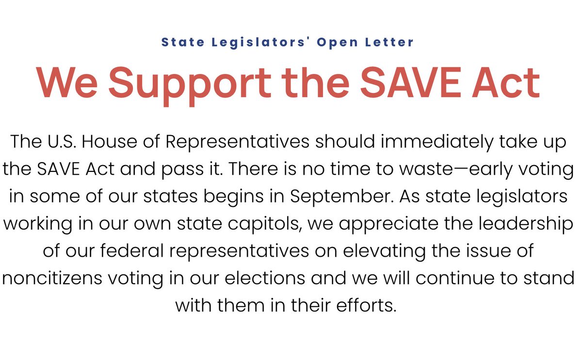 Only U.S. citizens should vote in our elections. Proud to sign this letter supporting @BasedMikeLee and @chiproytx's SAVE Act. All state legislators who want election integrity should sign. Full letter👇 onlycitizensvotecoalition.com/state-leaders-… #txlege @HouseGOP @SenateGOP