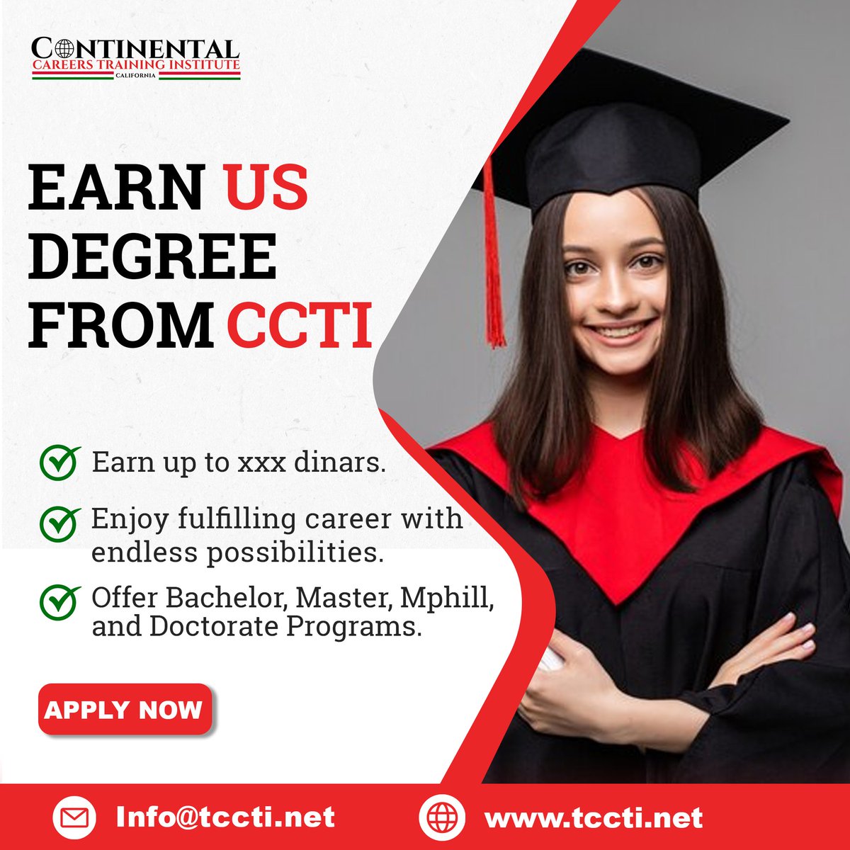 𝗖𝗼𝗺𝗽𝗹𝗲𝘁𝗲 𝘆𝗼𝘂𝗿 𝗱𝗲𝗴𝗿𝗲𝗲 𝗳𝗿𝗼𝗺 𝗖𝗼𝗻𝘁𝗶𝗻𝗲𝗻𝘁𝗮𝗹 𝗖𝗮𝗿𝗲𝗲𝗿𝘀 𝗧𝗿𝗮𝗶𝗻𝗶𝗻𝗴 𝗜𝗻𝘀𝘁𝗶𝘁𝘂𝘁𝗲 𝗮𝗻𝗱 𝗴𝗲𝘁 𝗮 𝗨𝗦 𝗱𝗲𝗴𝗿𝗲𝗲!
#CCTI #HigherEducation #InternationalDegree #CareerGrowth #BetterFuture #CareerGrowth #EducationPartner #CCTI #Career