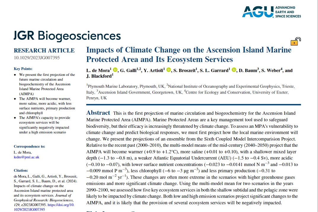 ✨ New Paper Alert!✨ Impacts of #ClimateChange on the #Ascension Island Marine Protected Area and Its Ecosystem Services from @PlymouthMarine @AIGConservation @UniofExeter ⬇️ Read #openaccess in @JGRBiogeo here: agupubs.onlinelibrary.wiley.com/doi/10.1029/20…