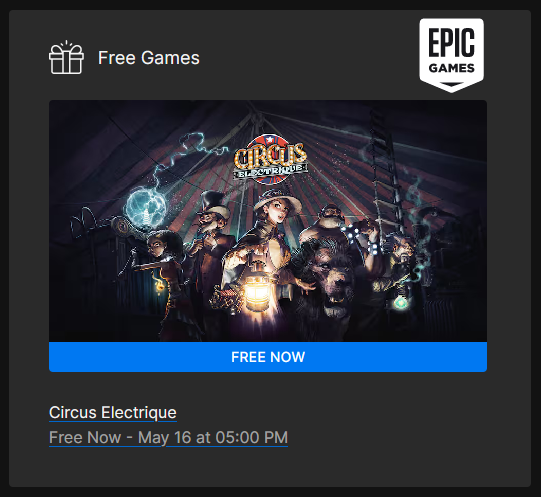 Circus Electrique is free to claim until May 16th (04:00 PM GMT / 11:00 AM Eastern) #CircusElectrique #ZenStudios #SaberInteractive #Gaming #Free #FreeGame #FreeVideoGame #EpicGames #EpicGamesStore #StoryRich #Indie #RPG #Strategy #Steampunk #TurnBased #PartyBased #Singleplayer