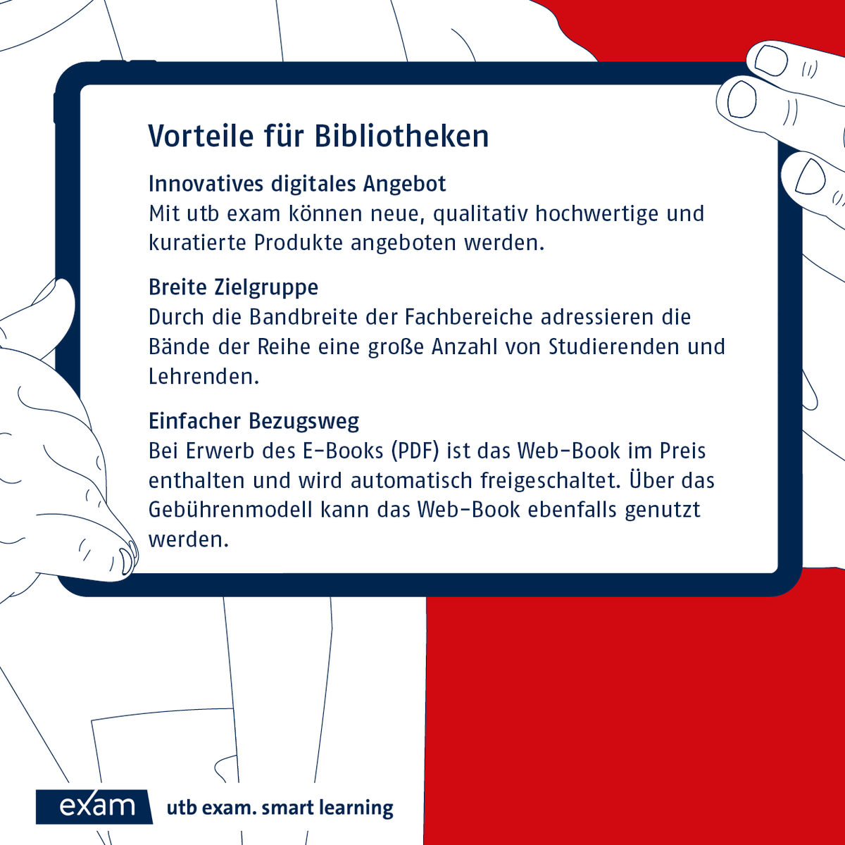 transcriptweb's tweet photo. utb exam. smart learning: So geht Lernen heute!
Die Titel der neuen Reihe utb exam bereiten effizient und zielorientiert auf Prüfungen im Studium vor. Jede Lerneinheit erläutert kompakt und verständlich das Wichtigste.
Mehr Infos hier: https://t.co/TJ9PKoBeb7 (@utb_stuttgart) https://t.co/Gqq7GtMShn