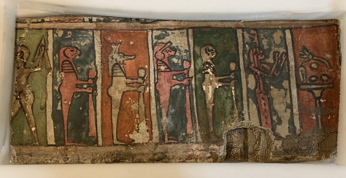 This week's #OnlineArtExchange by @artukdotorg theme is Egypt for Creatures of the Nile at @VictoriaGallery, curated by @GarstangMuseum! Here we have a mummy cartonnage, painted red, green, orange and white, with jackal-headed, hawk-headed and dog-headed gods.