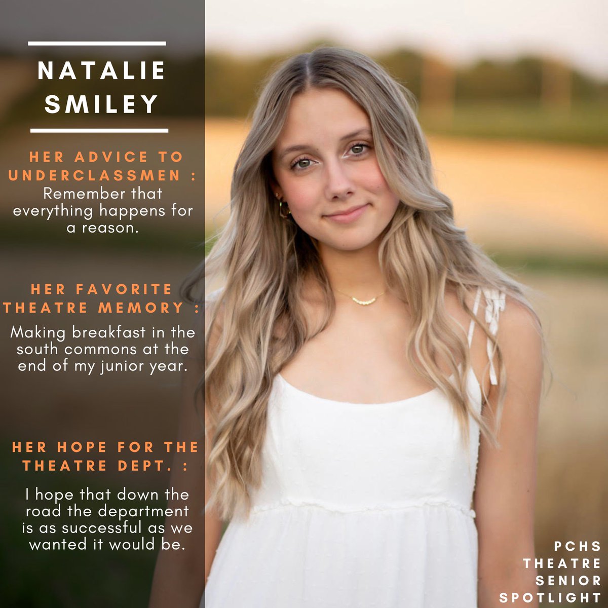 PCHS Theatre (@pchs_theatre) on Twitter photo PCHS SENIOR SPOTLIGHT: Natalie Smiley🎉Natalie has been involved in theatre all through high school on stage acting, designing, stage managing, & the lead Cappie Critic. She will be attending KU for business. Congrats Natalie!@PCHSAthletics1 <a href="/PCHSHalls/">PCHS Halls</a>
Banner📸@JEllsworthPhoto PCHS SENIOR SPOTLIGHT: Natalie Smiley🎉Natalie has been involved in theatre all through high school on stage acting, designing, stage managing, & the lead Cappie Critic. She will be attending KU for business. Congrats Natalie!@PCHSAthletics1 <a href="/PCHSHalls/">PCHS Halls</a>
Banner📸@JEllsworthPhoto