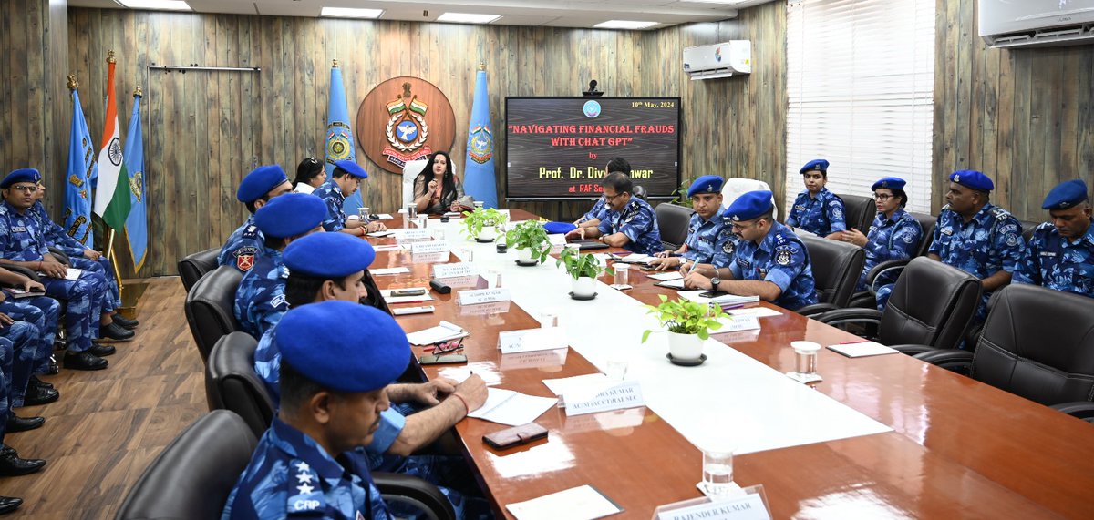 Today a VC session has been conducted by Prof. Dr. Divya Tanwar on 'Navigating financial frauds with Chat GPT' among 16 RAF Bns and 3 RAF Ranges. personnel have taken keen interest and clarify queries. It was a 3rd VC in the series of Cyber Security and it's various aspects.