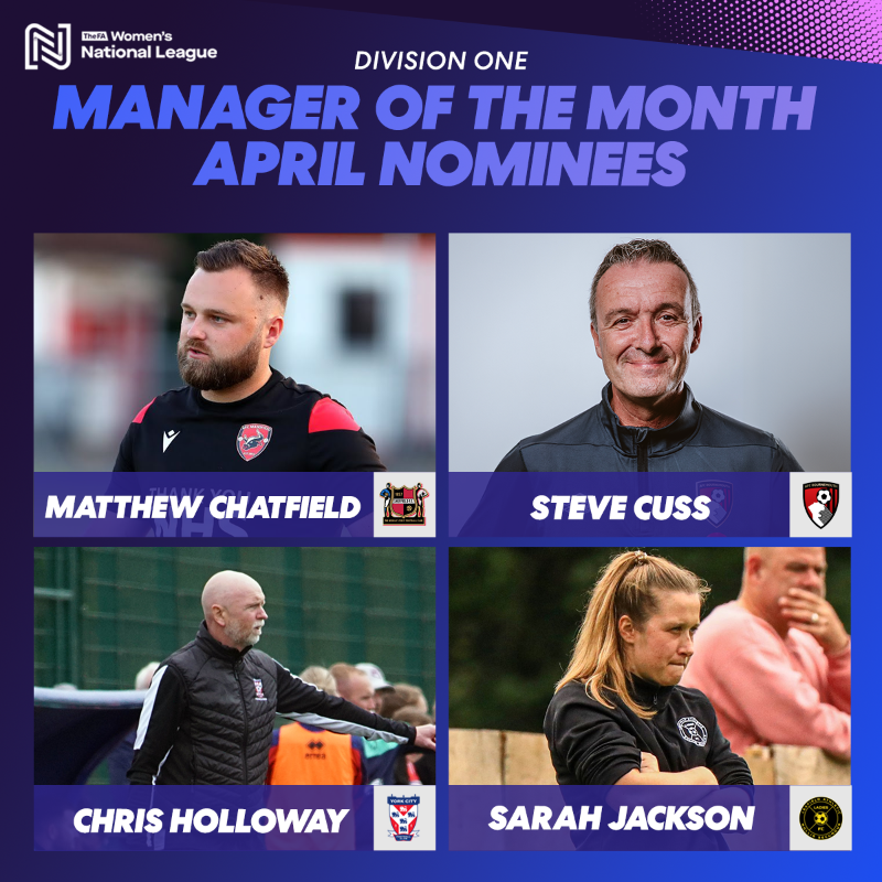 FAWNL's tweet photo. Manager of the Month - Division One – April Nominees 🌟 

@Mattchat11 - @SFCWomen 
Steve Cuss - @AFCBournemouthW 
@Hollo1975 - @YorkCityLFC
@SJJ_16 - @LeafieldAthLFC 

Voting is open for 24 hours, click the link below to vote. 

#FAWNL | #MOTM