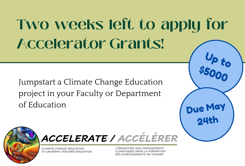 Have an idea for a CCE course, workshop, or other project? Apply by May 24th and receive up to $5000 to kickstart it!

Open to professors in accredited, Canadian Faculties/Departments of Ed

ow.ly/IQRx50RyRqu

#ClimateChange #TeacherEducation #ClimateChangeEducation