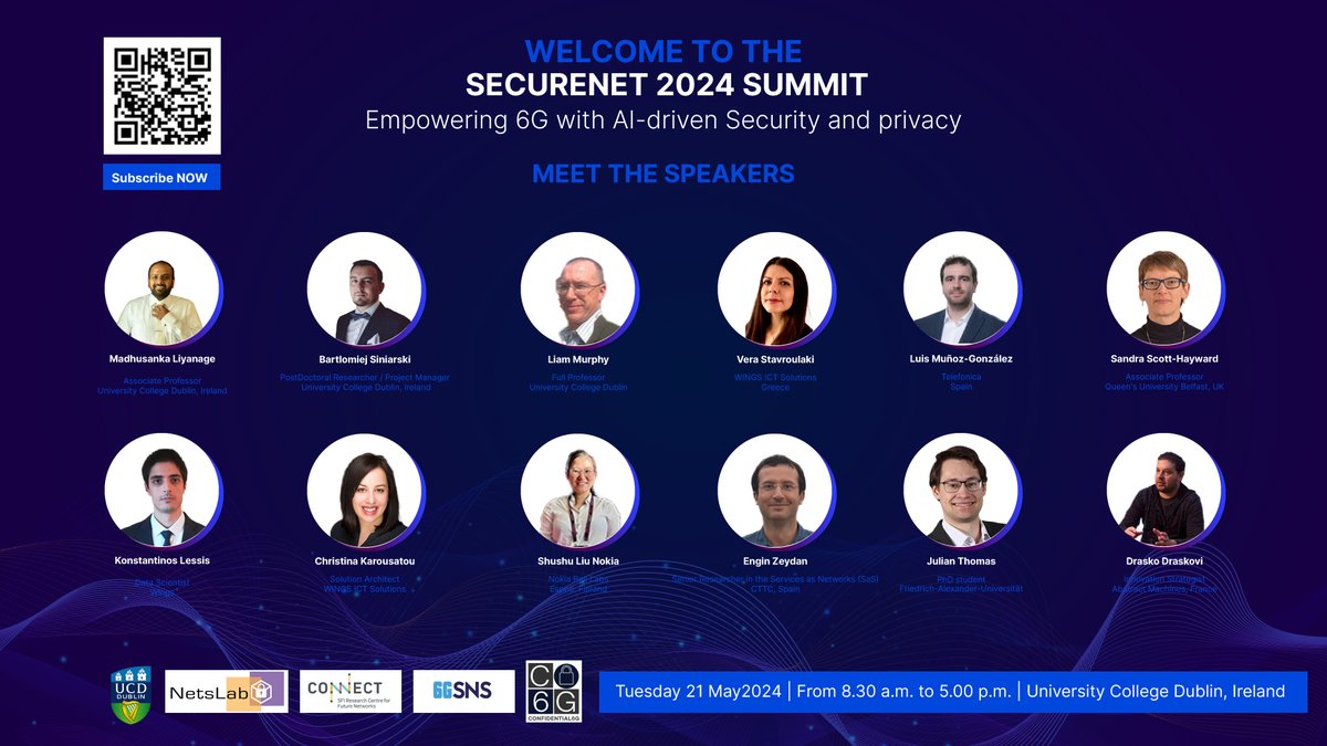 Join us at UCD, Ireland, on May 21st, 2024, for #SECURENET2024 Summit! We'll be exploring #6G Security and Privacy with top-tier industry experts and academic researchers.

Registration is now open and absolutely free!

Secure your spot: confidential6g.eu/securenet-2024/