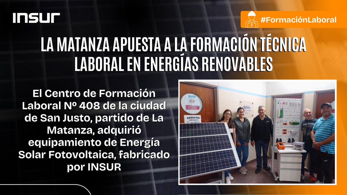 Estamos orgullosos de anunciar que el CFP Nº 408 de San Justo, partido de La Matanza, adquirió equipamiento de Energía Solar Fotovoltaica, de INSUR, para instruir a sus estudiantes en el aprendizaje de conceptos y experimentación sobre el uso de #energíasrenovables. #SomosINSUR