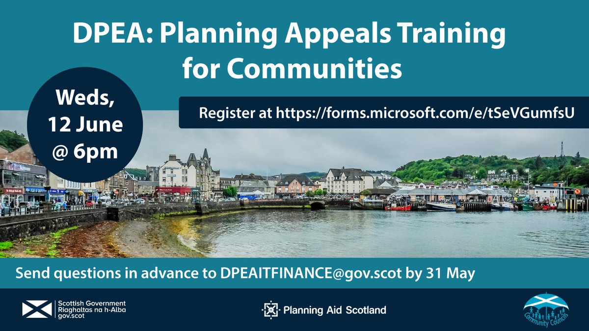 Community Councils and other community organisations can join @DPEAScotland and @PAS_tweets at an event on Wed 12 June to learn more about planning appeals and have their questions answered. Find out more and sign up here: communitycouncils.scot/events/dpea-pl…