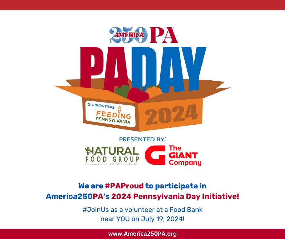 Feeding PA will be celebrating Pennsylvania Day with food banks across the state on July 19th by hosting volunteer events that help to support our neighbors facing hunger.

To learn more about the event and to register to volunteer, go to bit.ly/PADay24.
