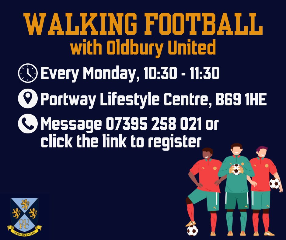 Join Oldbury United for free Walking Football sessions at Portway Lifestyle Centre! Message 07395 258 021 or fill out their online form: forms.office.com/pages/response… This month, find ways to #MoveMoreForYourMentalHealth