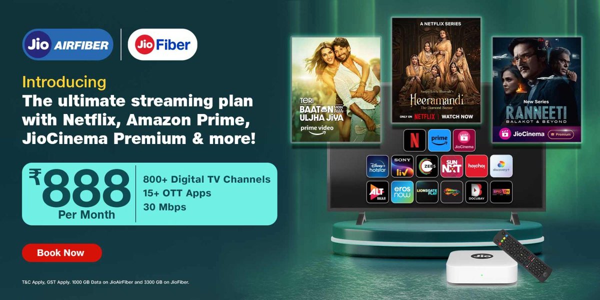 Reliance Jio INTRODUCES THE ULTIMATE OTT STREAMING PLAN @ ₹ 888/ MONTH - AVAILABLE FOR FIBER & AIRFIBER USERS - 15 OTT APPS IN THE PLAN INCLUDING NETFLIX, AMAZON PRIME & JIOCINEMA PREMIUM - UNLIMITED DATA @ 30 Mbps - JIO IPL DDD OFFER APPLICABLE @CNBC_Awaaz