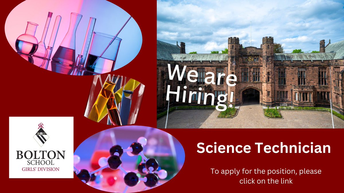 We are hiring! We are currently looking for a Science Technician to join the Girls’ Division Senior School.

Please click here to apply: bit.ly/3wqSbwF
#hiring #boltonjobs #recruitment  #labtechnician  #biology #chemistry #science #physics