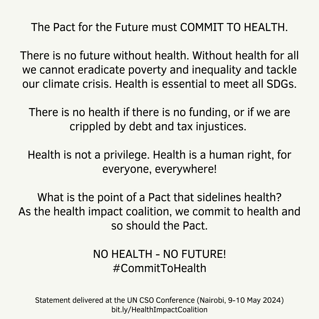 What is the point of a Pact that sidelines health, a human rights issue? Good health is the reason for our being and a guarantee of a productive future. #Commit2Health #2024UNCSC #OurCommonFuture @Yplus_Global @ITPCglobal @GlobalFund @WACIHealth