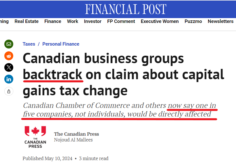 Like we don't have enough hysteria in this country over misinfo, now biz groups like the Cdn Chamber of Commerce failed to fact check their initial claim about capital gains. Heavy sigh.