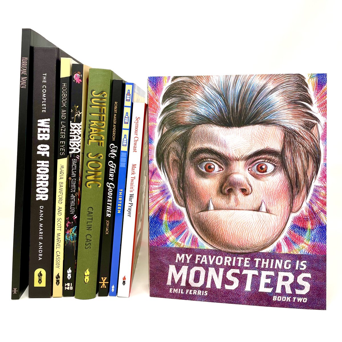 TCAF is this weekend and we'll be there at tables 158, 159, 160! Visit us to pick up these forthcoming releases--it's your first chance to read My Favorite Thing is Monsters Book Two by @Emilferrisdraws, Hogbook and Lazer Eyes by @mariabamfoo and Scott Marvel Cassidy, and more!