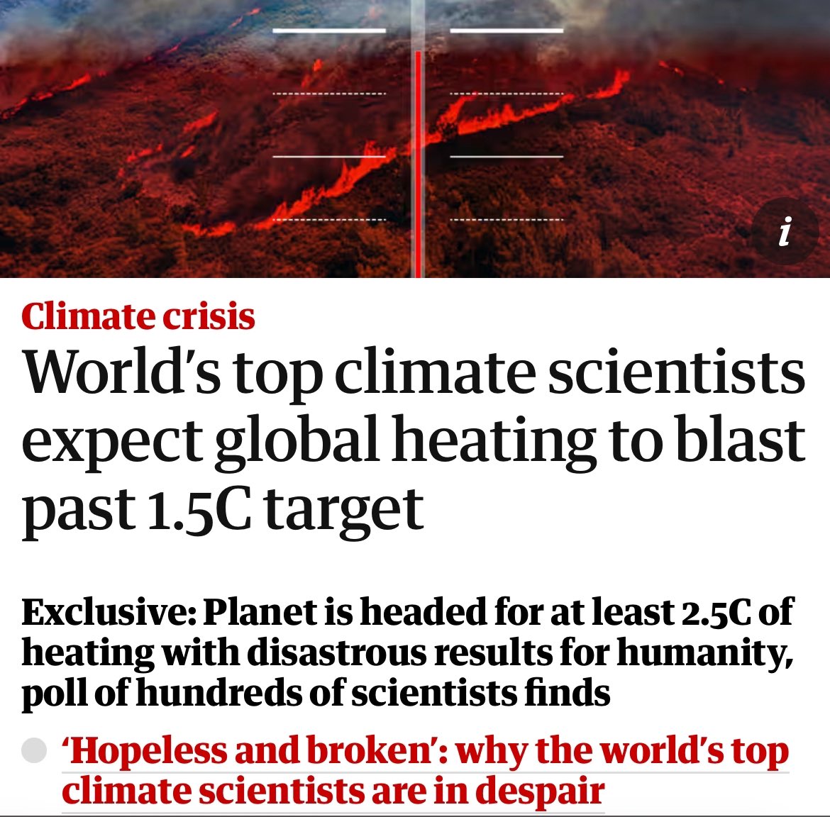 Anketa provedena među najboljim svjetskim klimatskim znanstvenicima pokazala je da predviđaju dizanje globalne temperature za 2,5C u ovom stoljeću te da nas očekuje klimatska distopija s katastrofalnim posljedicama. Kapitalistički način proizvodnje doslovce uništava čovječanstvo!
