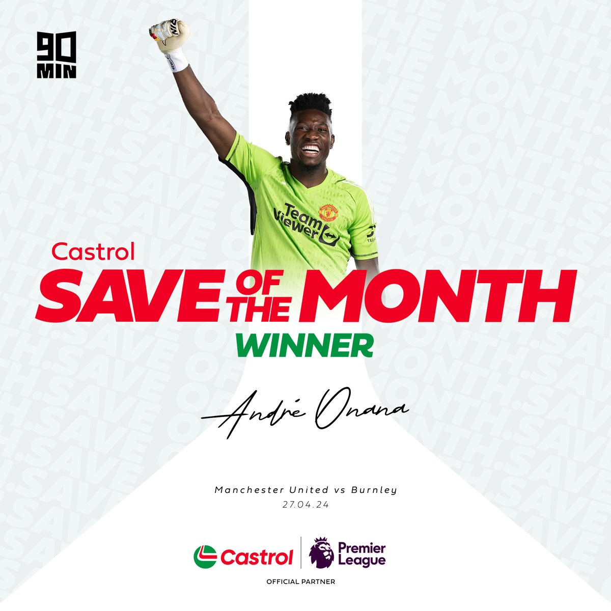 Quick reactions and a strong hand to deny Burnley! 💪 Andre Onana wins the @premierleague Castrol Save of the Month for April...