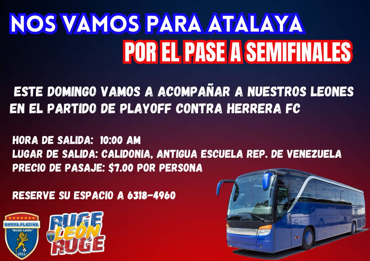 Buenos días manada 🦁🦁🦁🦁🦁 tengan un excelente fin de semana con la protección de Dios 🙏 Recuerden que este domingo viajamos a Veraguas-Atalaya para alentar y apoyar a nuestro <a href="/cdplazaamador/">CD Plaza Amador</a> que va en busca de su pase a semifinales, aun quedan cupos disponible 🦁💪💙❤⚽️🇵🇦