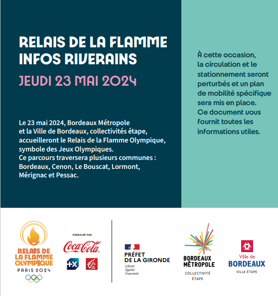 ⚠️ Mesures | Flamme Olympique
📅 Jeudi 23 mai 2024

🛑 Stationnement interdit du mardi 21 mai à 9h jusqu’au jeudi 23 mai à 20h.
🛑 Circulation interdite le temps du passage de la flamme

✅Évitez l'intra-boulevard
✅Privilégiez le covoiturage

🌐sedeplacer.bordeaux-metropole.fr/actualites/pla…