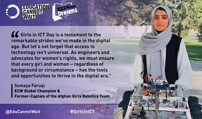 '#GirlsInICT Day is a testament to the remarkable strides we've made in the digital age. As engineers & advocates for #WomenRights, we must ensure that every girl and woman has the tools and opportunities to thrive in the digital era.' ~#ECW Global Champion @FaruqiSomaya @UN