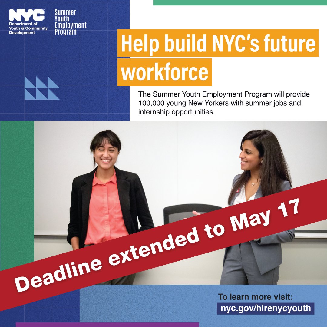 🚨 Attention Employers! The deadline for SYEP applications has been extended until May 17! Join the nation's largest and oldest youth employment program and be a part of something special! 🌟 Apply now!: nyc.gov/hirenycyouth #SYEP #HireNYCYouth