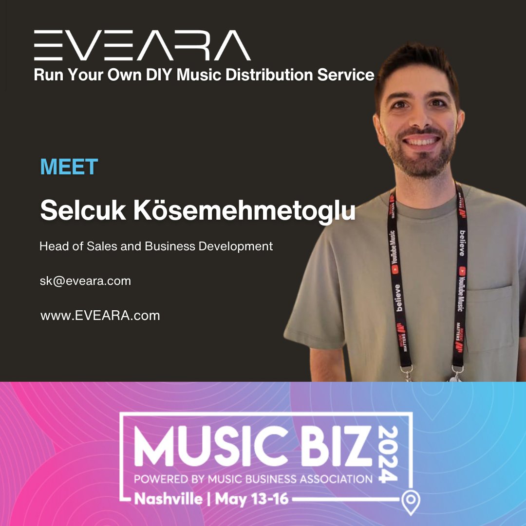 Meet us at Music Biz 2024 in Nashville from May 13-16 🚀 Run your own DIY music distribution service with EVEARA. #EVEARA #MusicBiz #MusicDistribution #Nashville #Networking