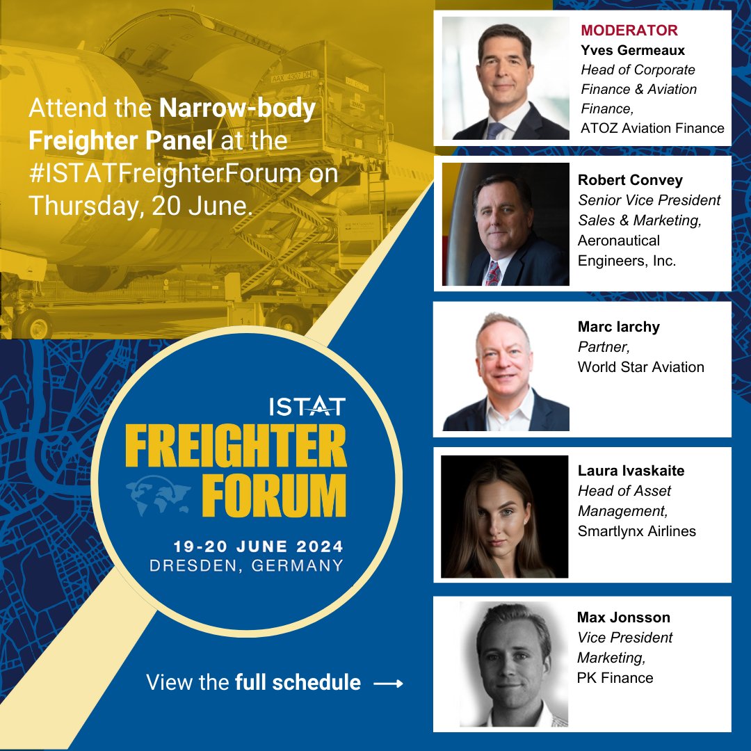 Hear from leaders in the cargo space during the Narrow-body Freighter panel at this year's ISTAT Freighter Forum. Explore the full schedule and join us in Dresden, Germany, 19-20 June ✈️ bit.ly/3NQAexc #ISTATEvents #ISTATFreighterForum