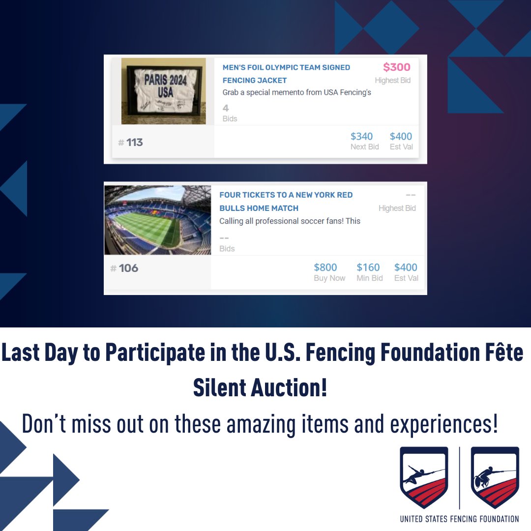 It's the final day of our silent auction supporting the U.S. Fencing Foundation! Don't miss your chance to bid on exclusive items and experiences while supporting the future of fencing. Visit our website now to place your bids before it's too late! 🔗 usafencing.me/3WkwPvh