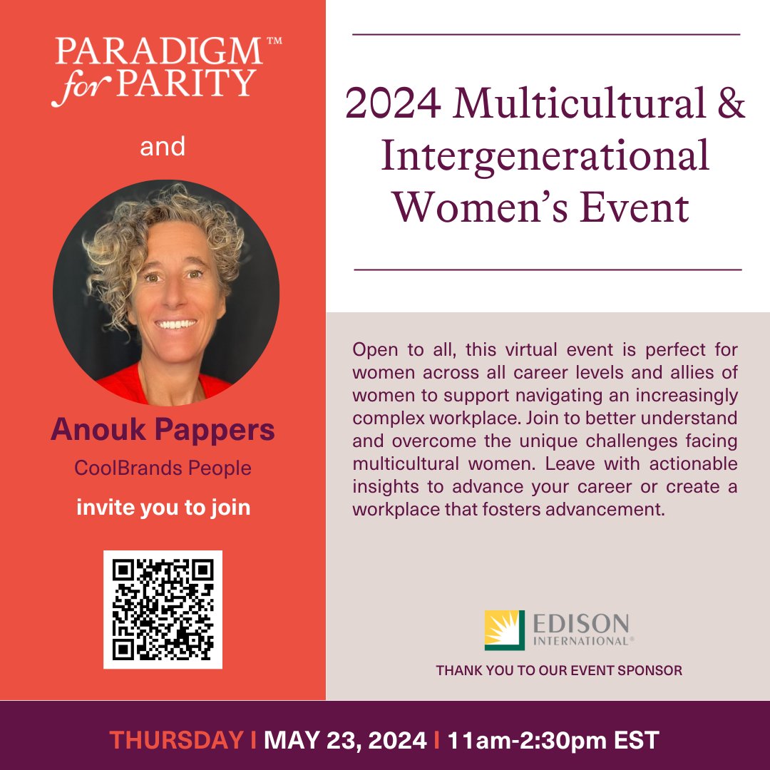 Ready to unleash your potential? Join panelist @AnoukPappers of CoolBrands People, along with several other expert speakers and gain actionable insights to navigate the workplace and advance your career. paradigm4parity.org/multicultural-… #WomenEmpowerment #CareerSuccess #PathToParity