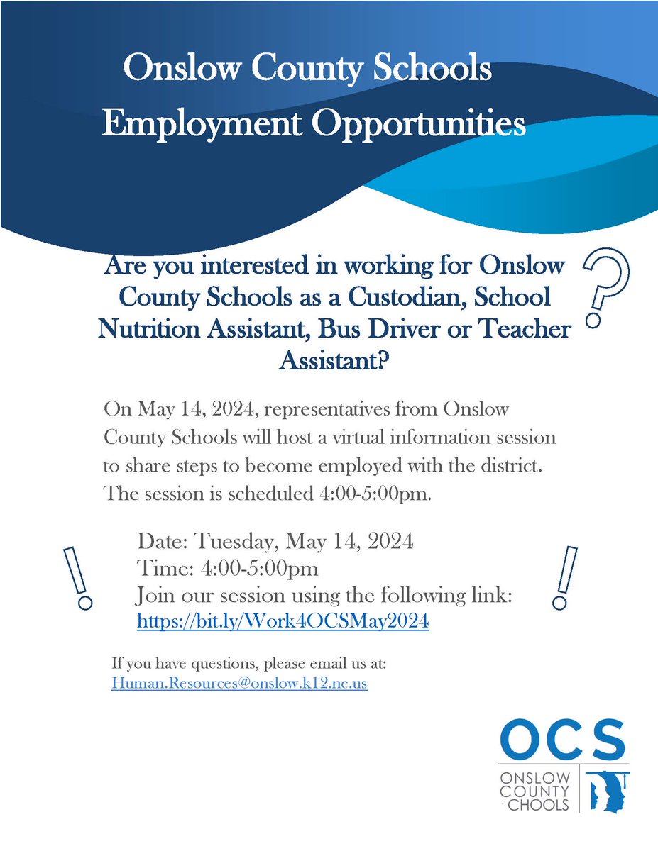 Join us for a virtual session on Tuesday, May 14 to learn more about working for OCS! Attend the online meeting at bit.ly/Work4OCSMay2024