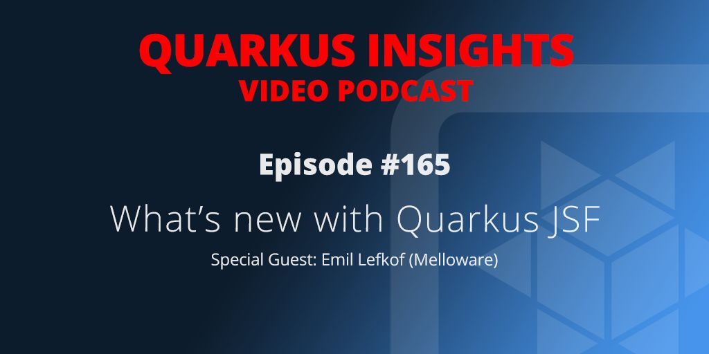 Join us next Monday at 9am EST for Quarkus Insights Ep. 165 as Emil Lefkof (Melloware) joins us do discuss the latest with JSF in Quarkus. bit.ly/quarkusinsights #java #quarkus @YouTube #quarkusinsights