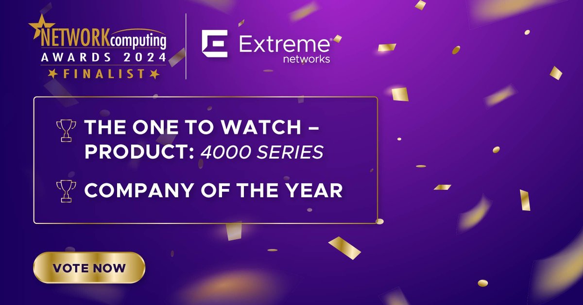 There's still time to vote! Cast your vote for Extreme Networks in the Network Computing Awards. We're a finalist in these categories: - The One to Watch - Product - Company of the Year Vote here: networkcomputingawards.co.uk/?page=nca2024v… #WiFi #cloud #digitaltransformation