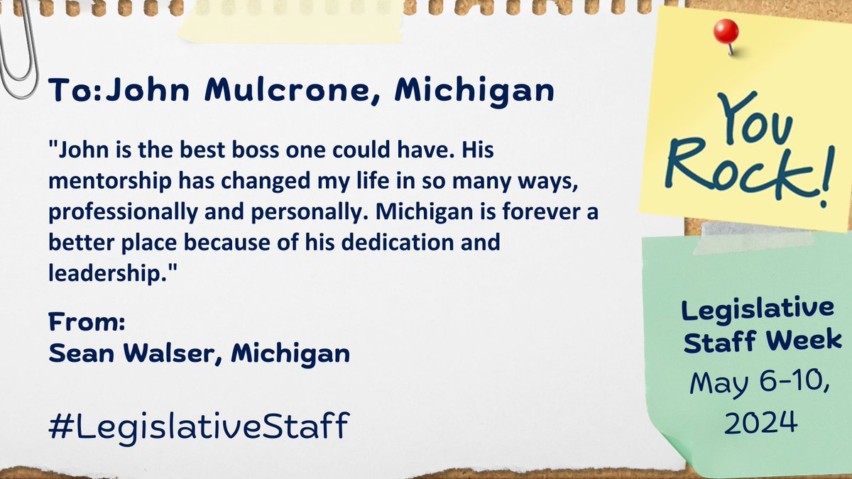 As part of NCSL's #LegislativeStaff Week, we are selecting a few 'shoutouts' to spotlight each day. Here's a shoutout for John Mulcrone in the Michigan Legislature! Have someone in mind for a 'shoutout'? Today is the last day to submit yours➡️ bit.ly/3wf0r2K #MIleg