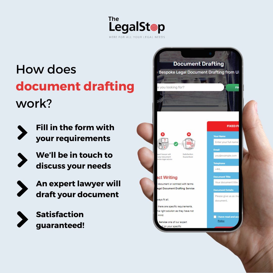 thelegalstop's tweet image. Curious about how document drafting works? Here&apos;s our simple three-step process:

1. Tell Us What You Need
2. Consultation
3. Document Creation

Your satisfaction is guaranteed! Learn more here: legalstop.co.uk/page/document-… 📝📞 

#DocumentDrafting