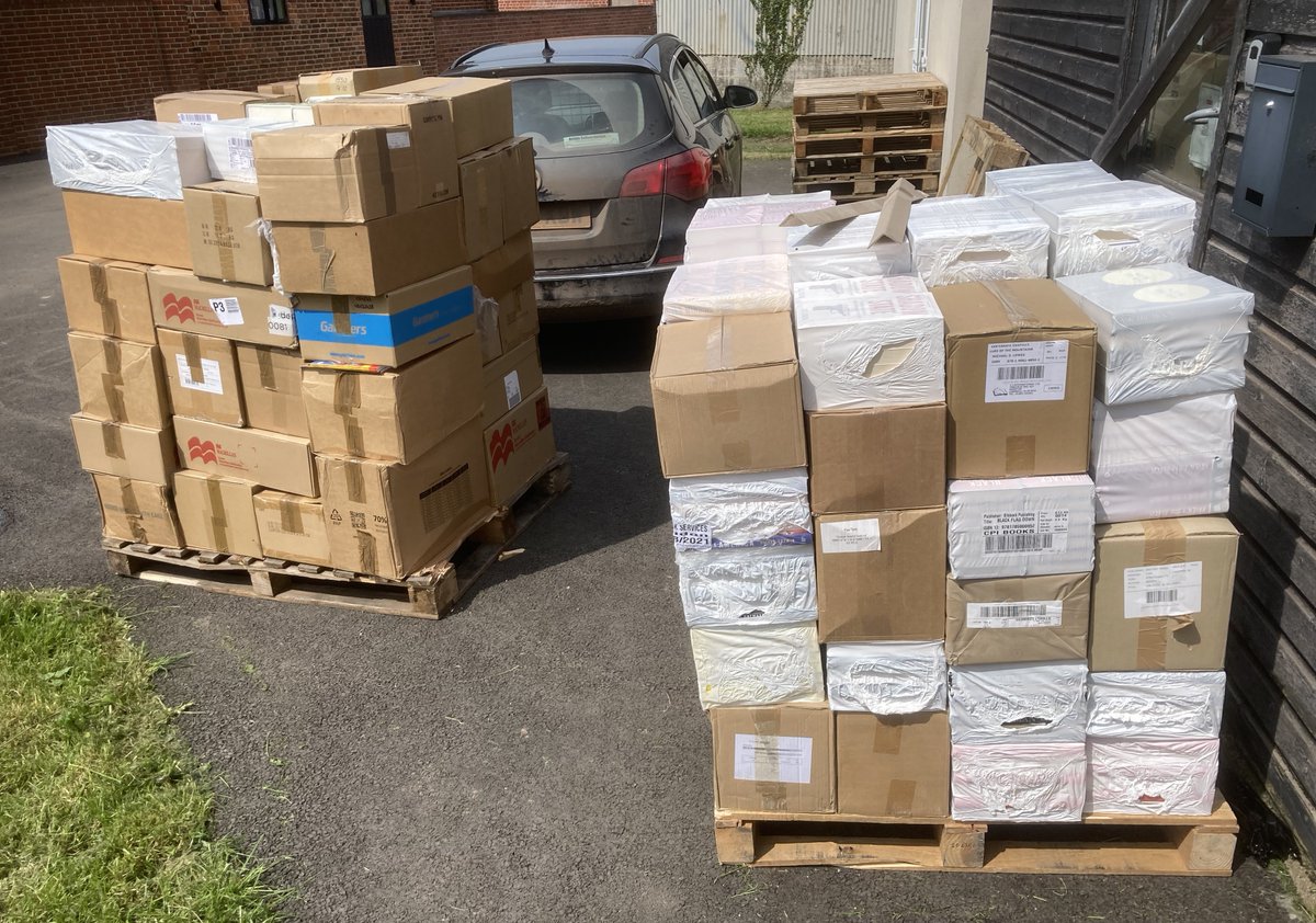 2 monster pallets in today for <a href="/haycinemabooks/">Hay Cinema Bookshop</a> ' Hay Festival stock. Not booked-in (grr...) but nice to be in the sunshine for a bit (but it's tougher hand-balling these days...) 1 box caught my eye, briefly went into (my pretty poor) Welsh mode but no! <a href="/kernowlingo/">Kernewek Tweets</a> #Cornish