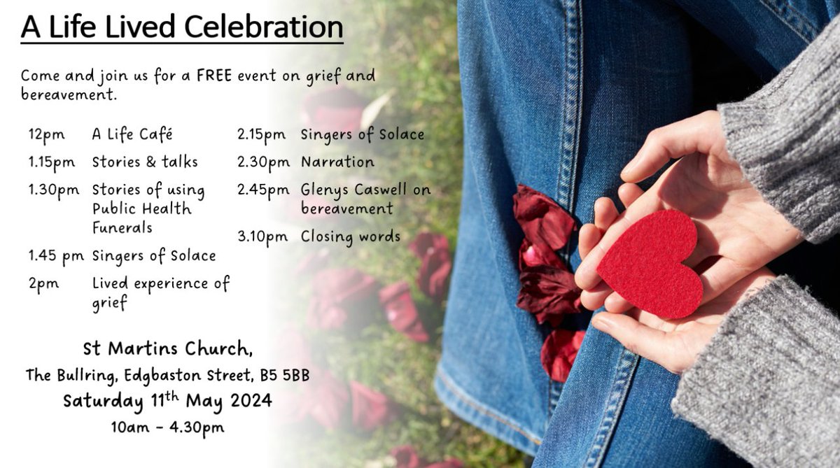 11th May, St Martin’s Church. Celebrating the lives of people who used a Public Health Funeral, supported by different organisations in the city! With music, stories, and speakers! eventbrite.co.uk/e/899766966217 @inthebullring @BhamCityCouncil